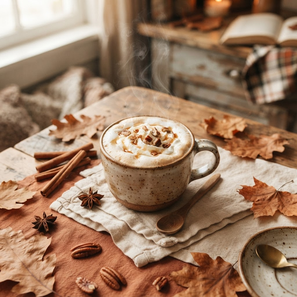 Maple pecan latte with latte art in a ceramic cup